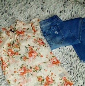 Women's sheer floral flutter sleeve blouse